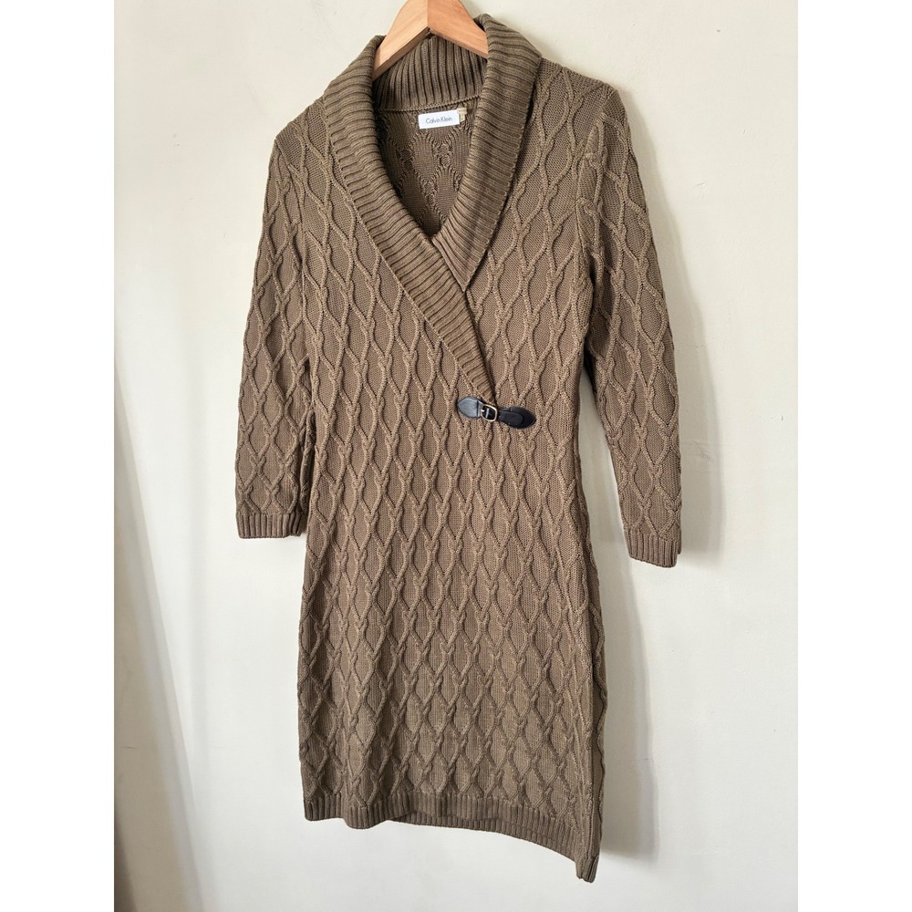 Calvin Klein Fall Taupe Cable Knit Sweater Dress Shawl Collar Buckle Detail L